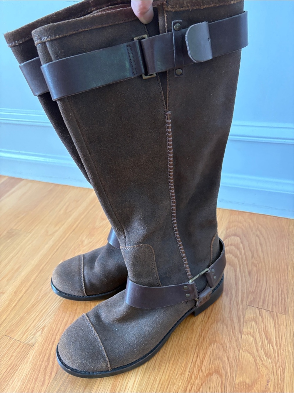 UGG women’s Brown Suede Riding Boots with Leather Straps